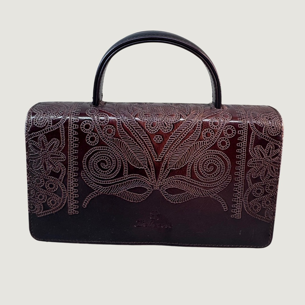 Bellerose Leather Top Handle Bag Brown Embossed Floral Boho Vintage Style